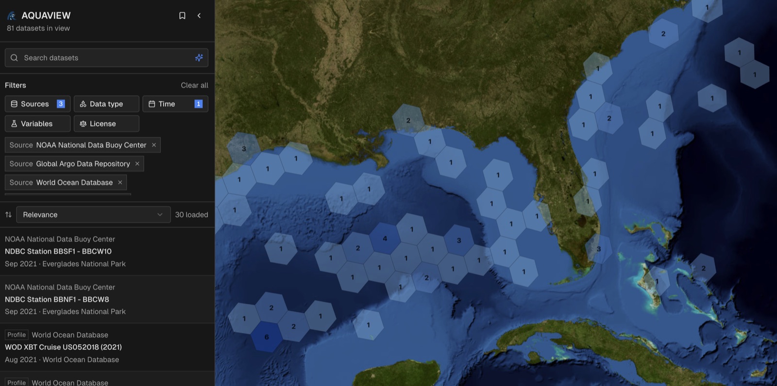 The map with the three sources and the storm weeks set. Each hexagon counts the datasets inside it.